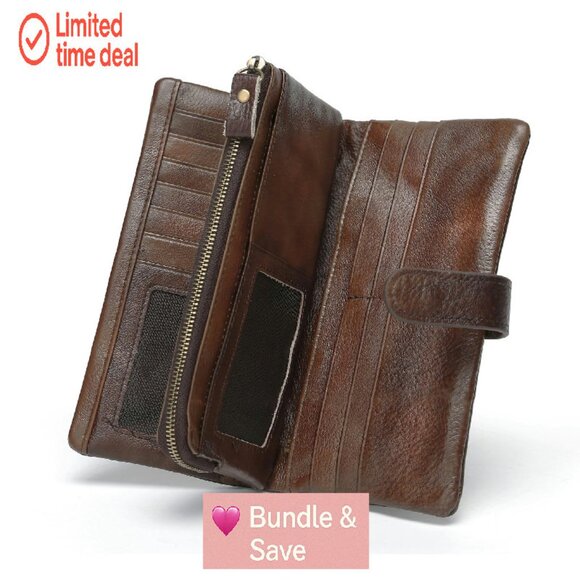 RFID Blocking Genuine Leather Wallet with 18 Card Slots & Zipper Pockets - Picture 1 of 8